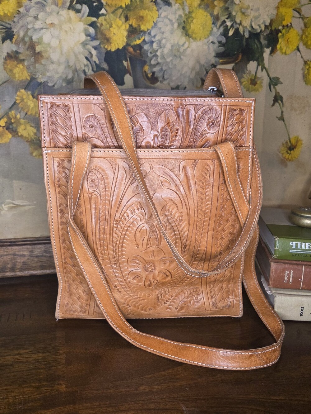 Vintage Texian Leathers Hand-Tooled Tan Shoulder Bag